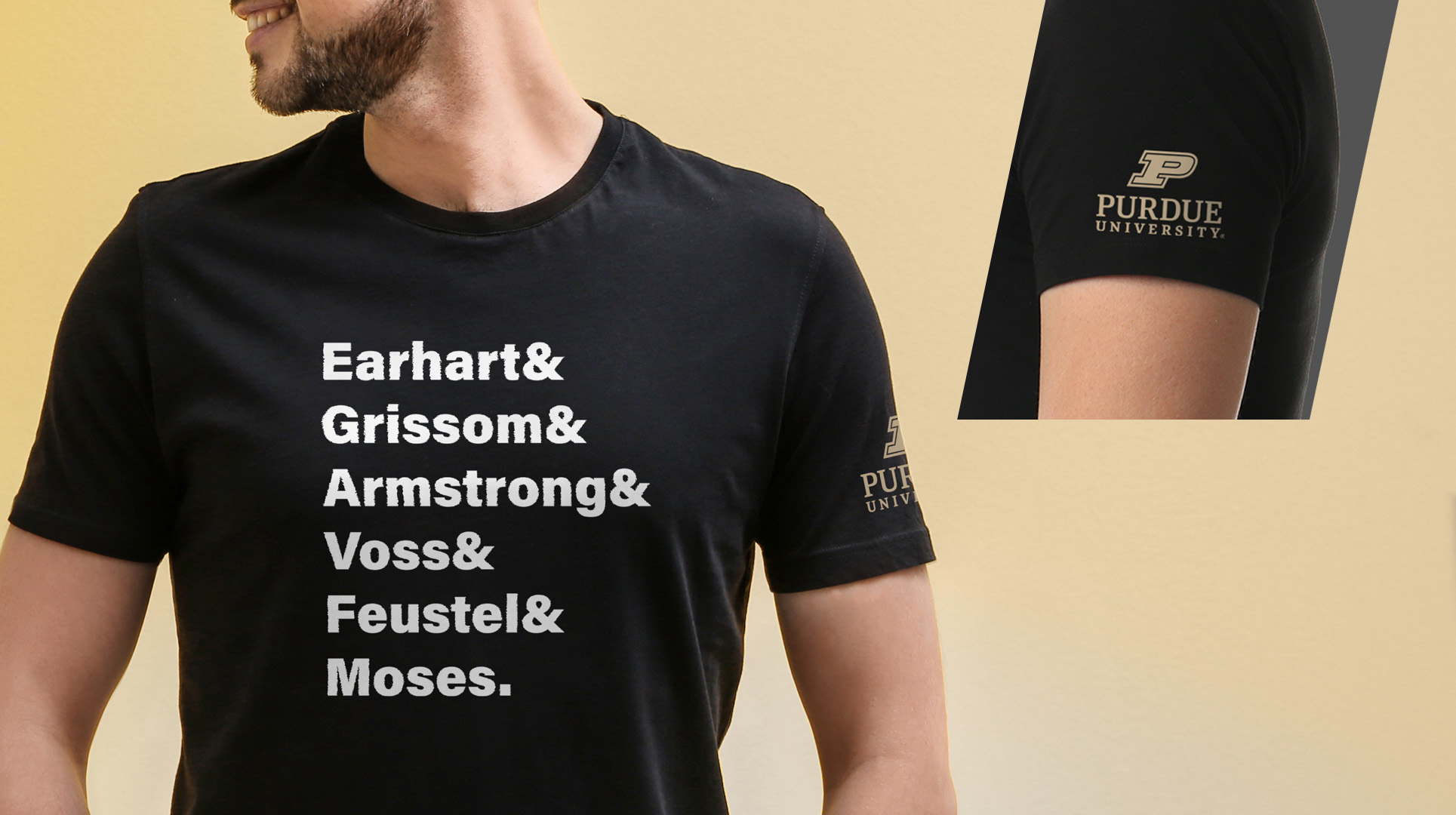 Purdue t-shirt design: Earhart & Grissom & Armstrong & Voss & Feustel & Moses